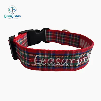 RED TARTAN PERSONALISED 25mm HANDMADE DOG COLLAR - EMBROIDERED NAME / NUMBER • £10.99