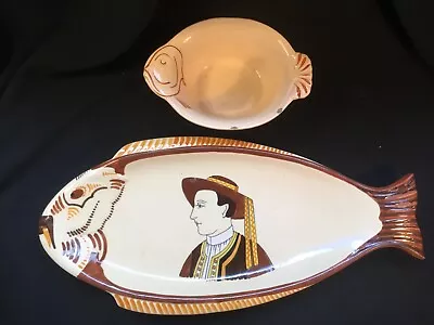 French Faience “Fish With Chips” Quimper Platter & Longwy Sauce Boat  • $125