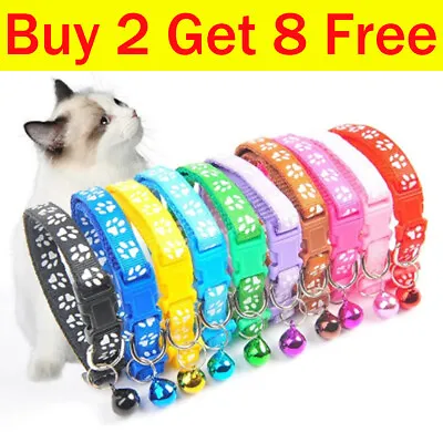 Adjustable Paw Print Bell Pet Nylon Collar Cat Small Dog Kitten Puppy Colourful • £2.71