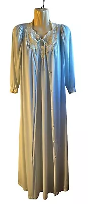 Vintage 1980's MISS ELAINE Blue Nylon & Lace Nightgown & Robe Set Peignoir SMALL • $26