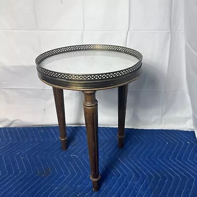 Vintage French Marble Top Table Brass Filigree 3 Wood Legs Round Side Table • £91.62