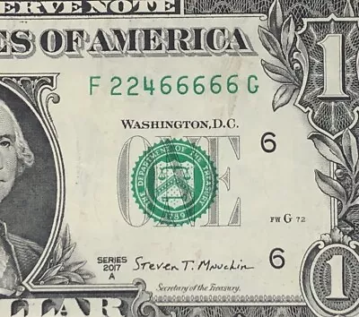 Five In A Row Trailing 6s Fancy Serial Number One Dollar Bill F22466666G 6s 2s • $9.99