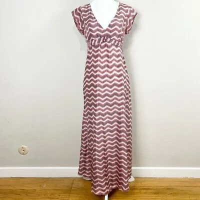 Matta 100% Silk Pink Chevron Print Empire Short Sleeve Maxi Dress Size Small • $49.99