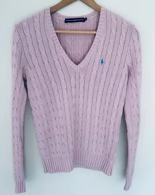 Ralph Lauren Cable Knit Jumper V Neck Pink + Blue Embroidered Horse Man Logo M • £45.79