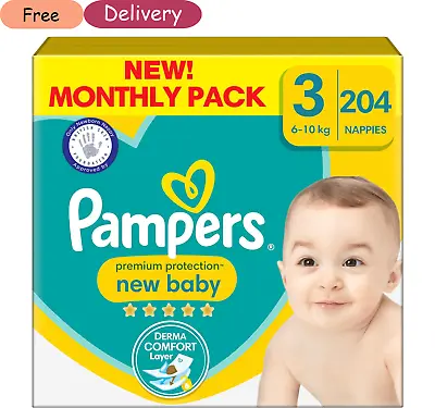 Pampers Premium Protection New Baby Size 3 204 Nappies 6kg - 10kgMonthly Pack • £44.99
