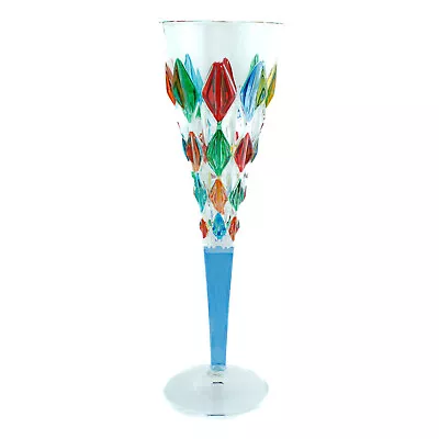 Murano Glass Drinking Champagne Flute Multi Colour Hand Painted Blue Stem Wine • £21.95