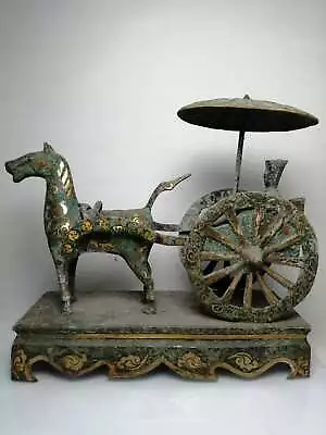 Chinese Old Bronze Handmade Build Feng Shui  Gold-plated Horse-drawn Carriage • $454