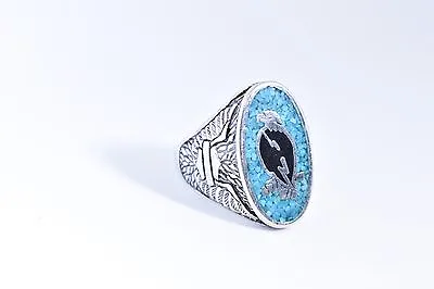 1980's Vintage Southwestern Silver Bronze 14 Hawk Real Turquoise Inlay Ring • $35