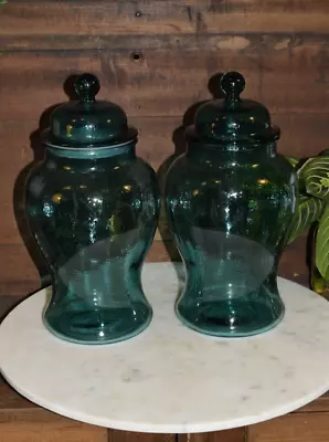 Vintage Apothecary Blue Art Glass Jar Canister W/ Lid 1960s ~ Set Of 2 • $50