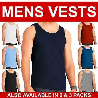 Mens Vests Plain Top 100% Cotton Summer Training Gym Tank Top Classic Vest S-5XL • £4.49