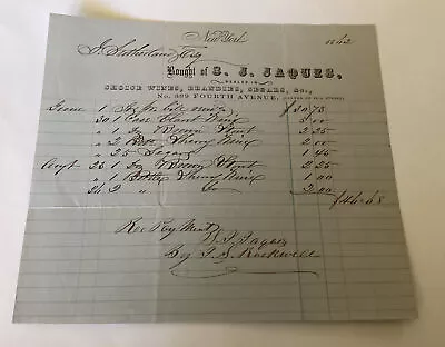 1862 Civil War Era Receipt SJ Jaques New York Wine Cigars J Sutherland Congress • $39.30