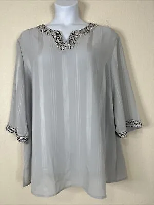 NWT Maggie Barnes Womens Plus Size 2X Gray Stripe Beaded V-neck Top 3/4 Sleeve • $24.75