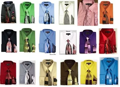 Men's Dress Shirt With Matching Tie And Handkerchief Set 8 Colors Size 15~20 #21 • $18.89