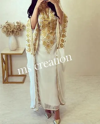 Sale!! Cream Moroccan Dubai Kaftan Farasha Abaya Very Fancy Long Gown Dresses 08 • $54.59