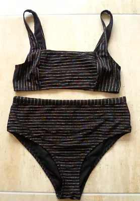 Ladies Primark Size 12 Black With Metallic Stripes High Leg Bikini • £6.99