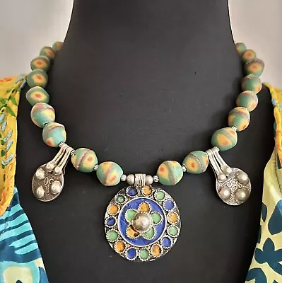 Tribal Morrocan Enameled Kabyle Pendant Berber Coins & Eye Beads Necklace. • $169.15