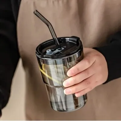 Reusable Sipper Bottle With Leather Sleeve Glass Coffee Mug With Silicone Straw • $53.98