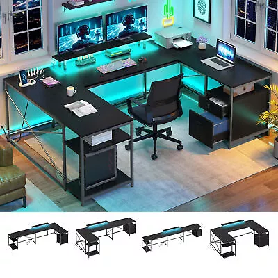 79  LED U-Shaped Gaming Desk W/ Power Outlets L Shaped Desk Corner Computer Desk • $169.98