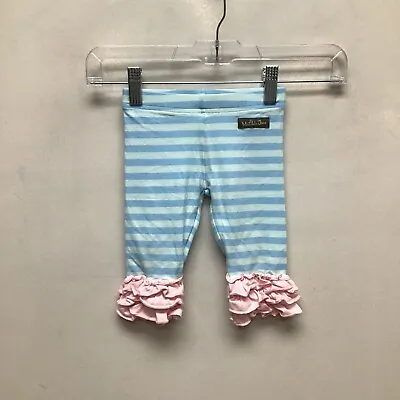 Matilda Jane Girls Blue Striped Pink Ruffle Stretch Pull On Cropped Leggings 2 • $10.46