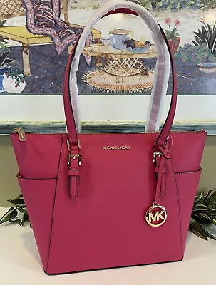 Michael Kors Charlotte Medium Large Zip Tote Shoulder Bag Electric Pink Leather • $118.99