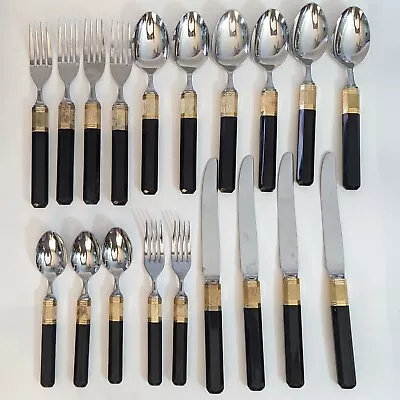 Mikasa Laslo Prisma Ebony With Gold Flatware Set Of 19 Pc Japan Stainless • $35