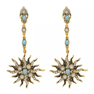 Betsey Johnson Long Aqua Blue White Pearl Gold Post Moon Star Sun Earrings Rare • $12.95