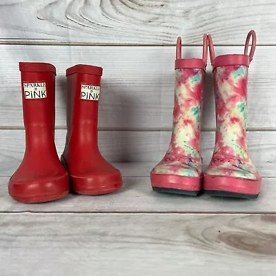 Lot Of 2 Pairs Girls Size 10 Rubber Rain Boots Red & Pink Tie Dye Pull-On • $9.34