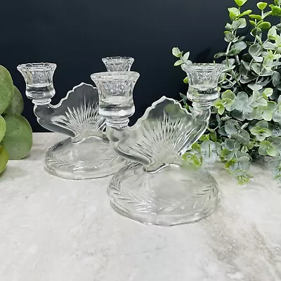 2 Vintage JEANETTE Glass Dual Light Candle Stick Holders Sunburst Herringbone • $27.59