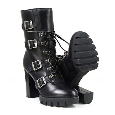 Milwaukee Leather Women's Black Leather Buckles Platform Boots With Lace MBL9459 • $109.99
