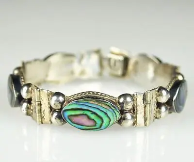 Vintage Mexico Hinged Sterling Silver & Abalone Bracelet - Rpr - Eagle Stamp 2 • $72.25