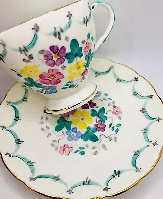 Vintage Foley Cup & Saucer Pastel Flowers Hand Painted Turquoise Garland Teacup • $19.99