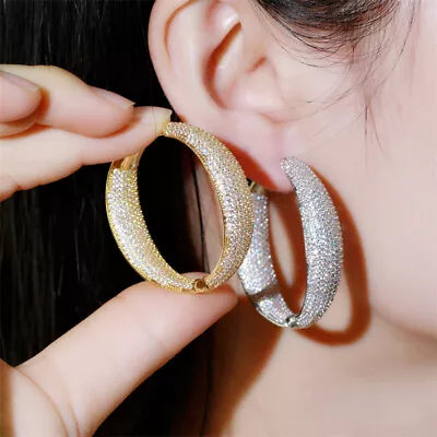 Women Statement Gold Plated Cubic Zircon Micro Pave Round Big Wide Hoop Earrings • $14.39