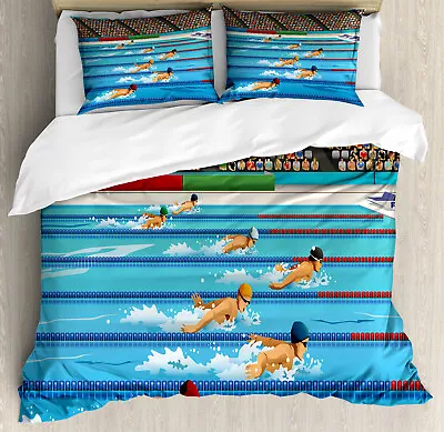 Cartoon Duvet Cover Set With Pillow Shams Olympics Swimming Race Print • £67.55