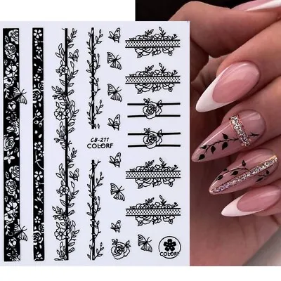 £2.25 • Buy Nail Art Stickers Transfers Decals Black Lace Rose Flowers Fern Floral CB211