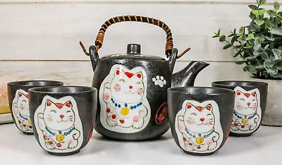 Ebros Japanese Maneki Neko Cat Black Tea Set Pot And Cups Serves 4 Ceramic Decor • $32.99