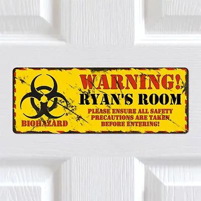 Personalised Any Name METAL Biohazard Warning Boys Bedroom Door Sign Plaque Kids • £7.65