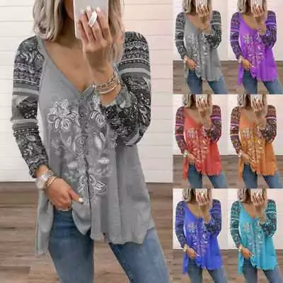 Plus Size Ladies T-Shirt Womens V-Neck Boho Tops Long Sleeve Casual Blouse Tee • £11.74