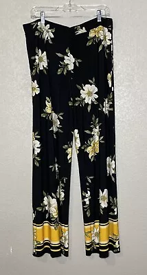 Susan Graver Liquid Knit Pull On Pants Size L Black Yellow Magnolia Floral Wide • £22.15