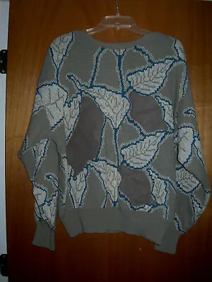 Saxony Sweater Leather Acrylic Cotton 80s 90s VINTAGE XL Taupe White Blue • $35.99