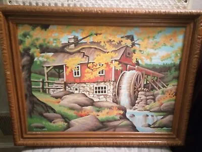 Vintage Framed Paint By Numbers Landscape Scene Waterwheel Red Mill Trees • $34.99