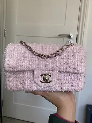 Rare 21S Baby Pink & White Tweed Chanel Mini Rectangular Classic Flap Bag LGHW • £3950