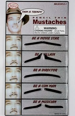 Pencil Thin Con Man Adults Black Stick On False Novelty Moustaches Fancy Dress • £3.95