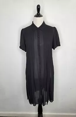 L'Agence Women's Silk Pleated Shirt Dress Puff Sleeves Semi-sheer Black Size 4 • $45