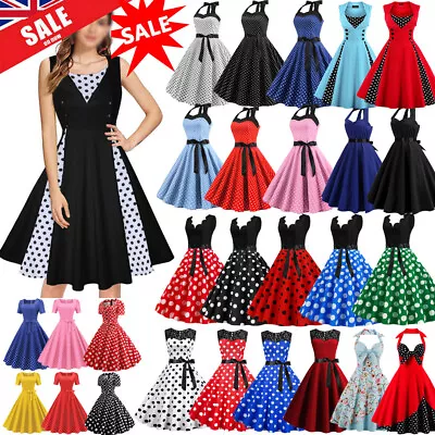 UK Retro Womens Polka Dot Swing Dress 50s 60s Rockabilly Cocktail Eveining Party • £17.34