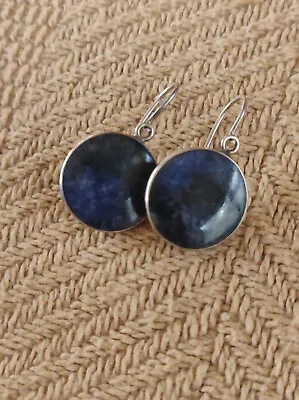 Sterling Silver Lapis Lazuli Round Snap Closure Earrings • $24