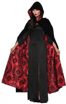 Adult Black & Red Velvet Hooded Cape Cloak Gothic Costume Dress Ur28084 • $42.49