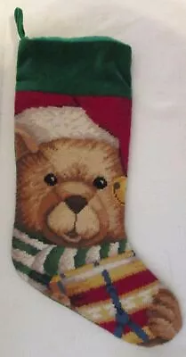 Vintage Wool 18  Needlepoint Teddy Bear Christmas Stocking W/Green Velvet Back • $19.99