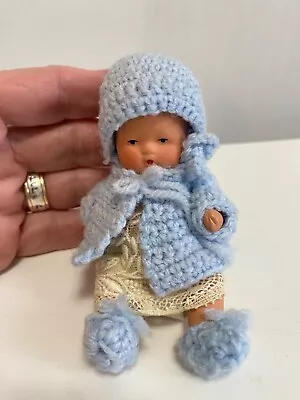 Vintage CELLULOID MINIATURE BABY DOLL JAPAN CROCHETED CLOTHES 3.25” • $15