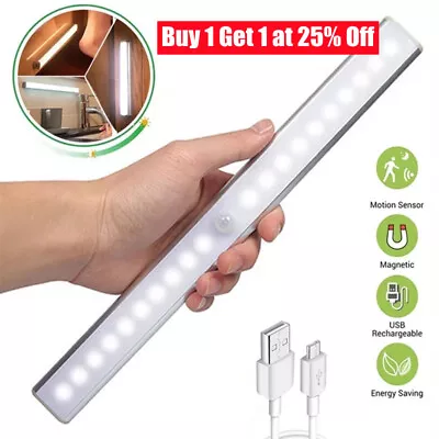 £3.99 • Buy Wireless LED PIR Motion Sensor Light Strip Cabinet Closet Lamp USB Rechargeable