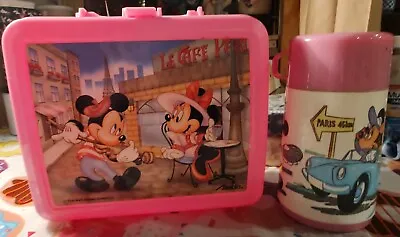 Vintage Pink Mickey Mouse & Minnie Mouse In Paris Plastic Lunchbox W/Thermos '80 • $19.99